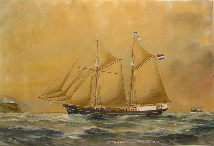 Scheepsportret van de tweemastgaffelschoener 'Mars', Kapitein W. Wijnstok, aquarel door R. Chappell, begin 20e eeuw.