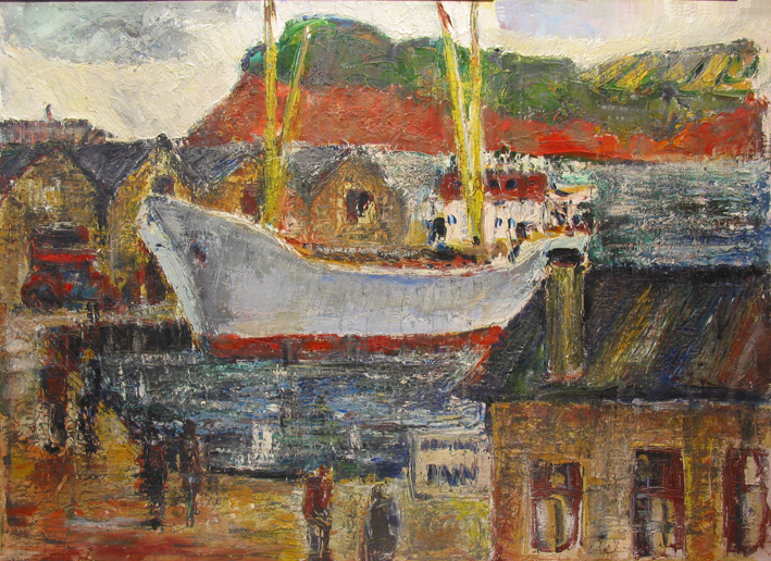 Kustvaarder gemeerd liggende aan de kade te Teigmouth in Engeland, olieverf op doek door E.H. van Dulmen-Krumpelman, 1961.