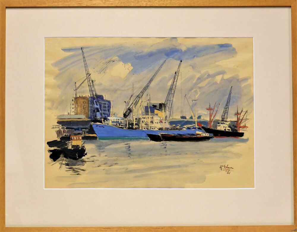 Merwehaven Rotterdam, aquarel door Ruurd Elzer, 1961