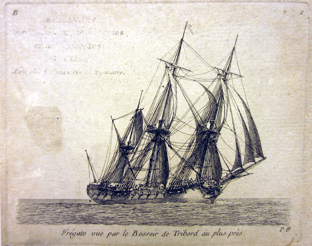 'Frégate vue par le bossoir de tribord au plus près', kopergravure door P. Ozanne, circa 1825-1875
