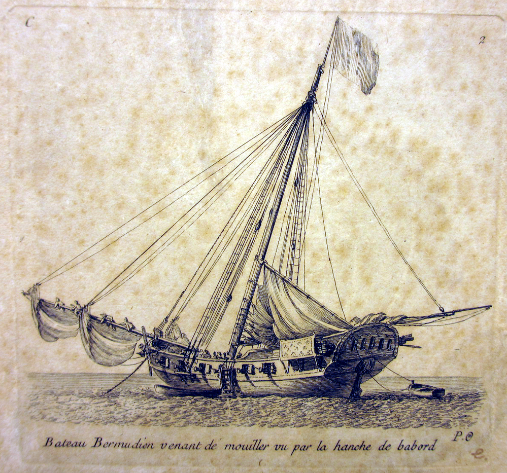 'Bateau Bermudien venant de mouiller vu par la hanche de babord', kopergravure door P. Ozanne, circa 1825-1875
