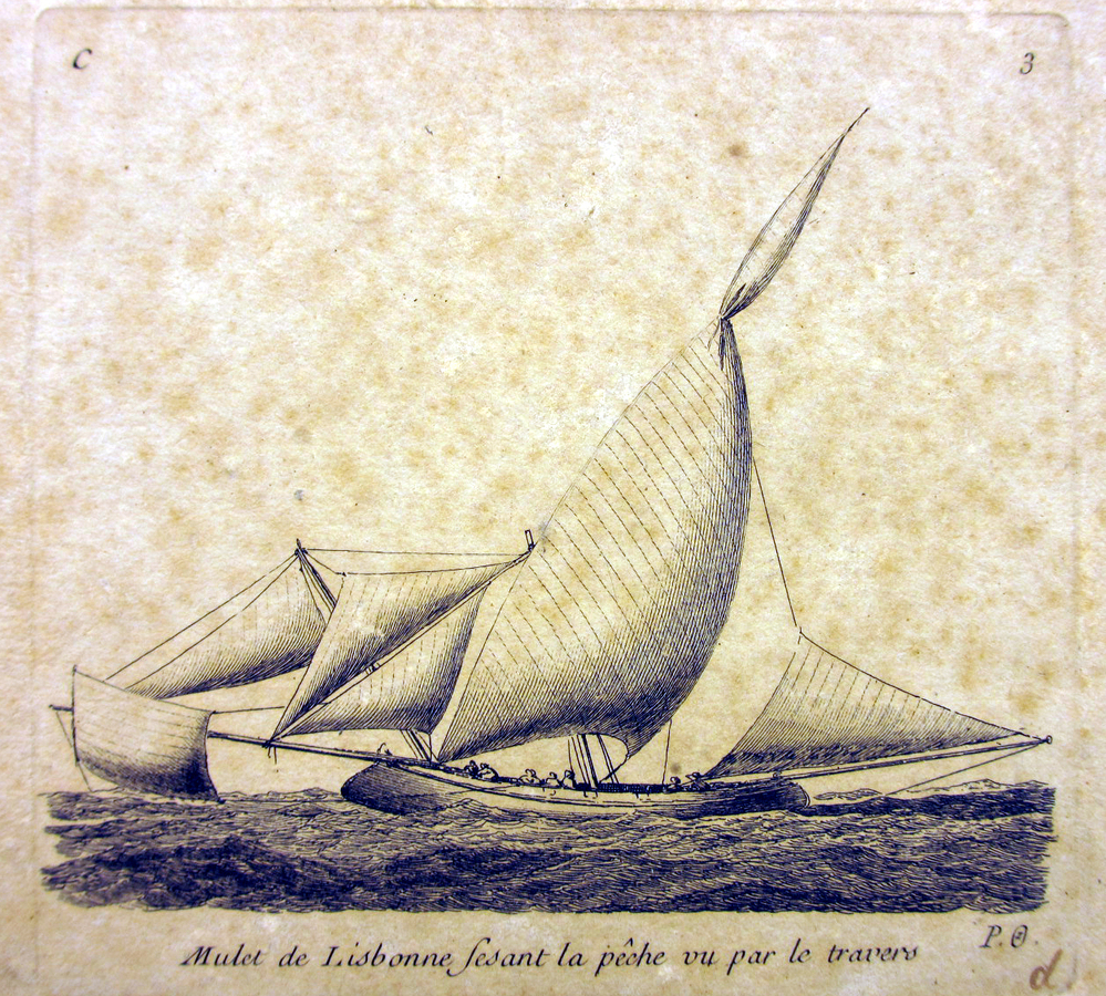'Mulet de Lisabonne fesant la pêche vu par le travers', kopergravure door P. Ozanne, circa 1825-1875
