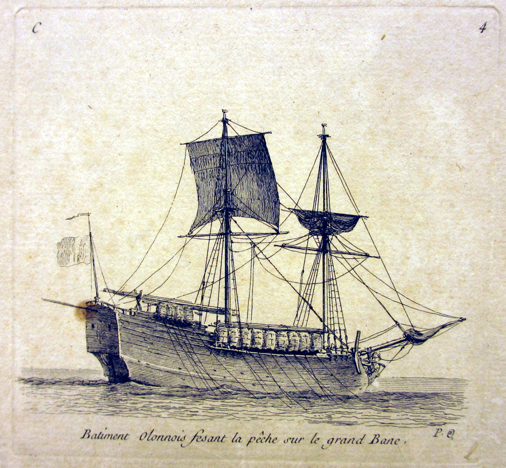 'Batiment Olonnais fesant la pêche sur le grand Banc', kopergravure door P. Ozanne, circa 1825-1875