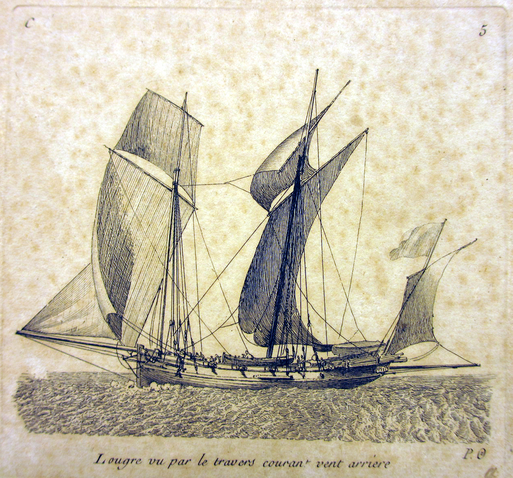 'Lougre vu par le travers courant vent arrière', kopergravure door P. Ozanne, circa 1825-1875