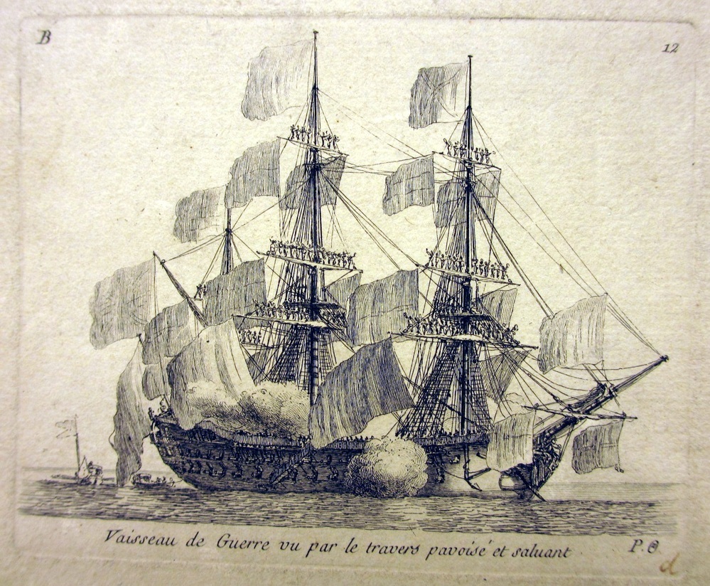'Vaisseau de guerre vu par le travers pavoise et saluant', kopergravure door P. Ozanne, circa 1825-1875