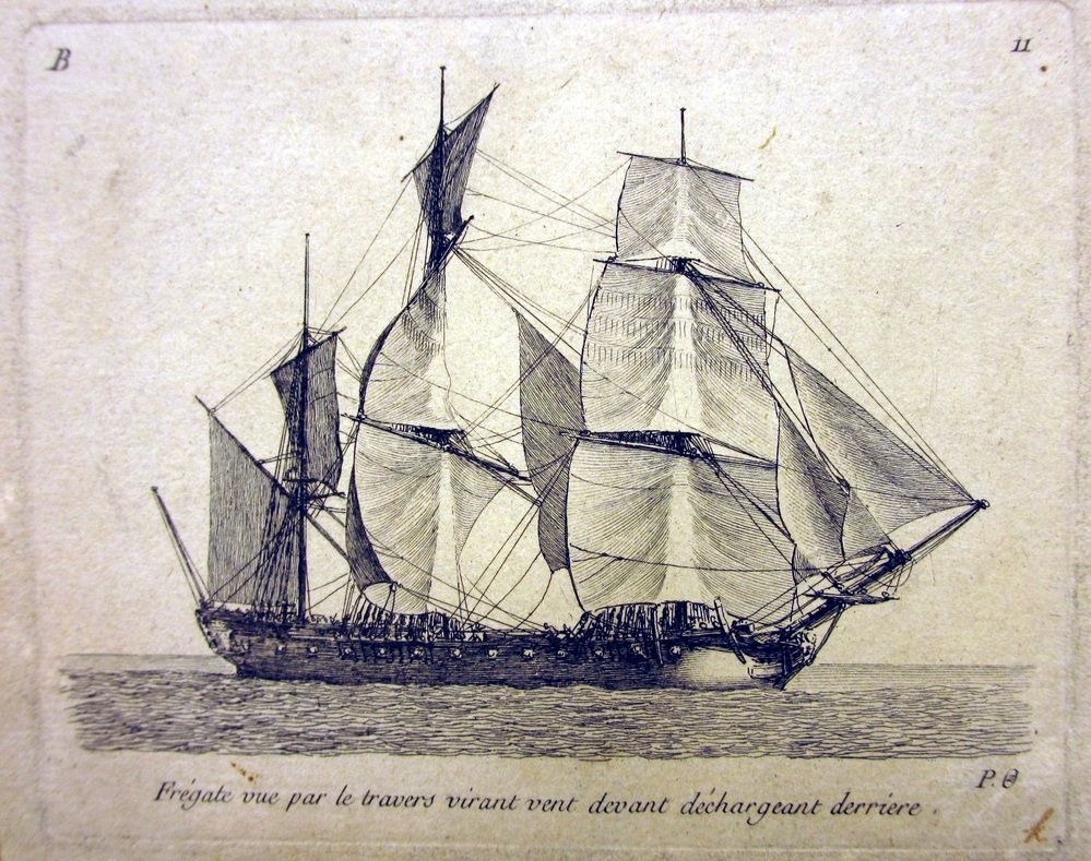 'Frégate vue par le travers virant vent devant déchargeant derrière', kopergravure door P. Ozanne, circa 1825-1875