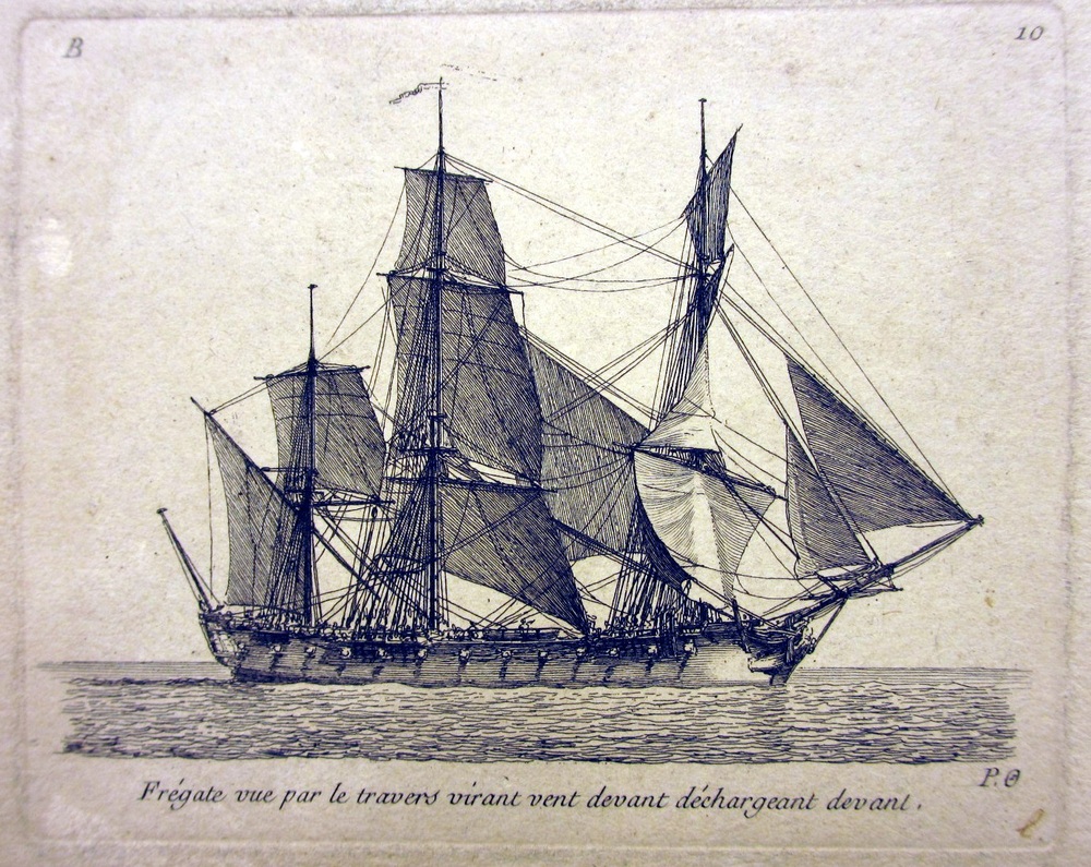 'Frégate vue par le travers virant vent devant déchargeant devant', kopergravure door P. Ozanne, circa 1825-1875