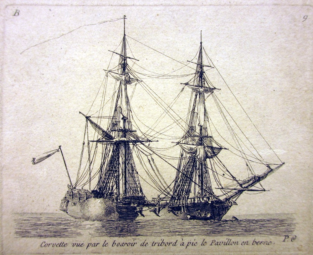 'Corvette vue par le bossoir de tribord à pie le Pavillon en berne', kopergravure door P. Ozanne, circa 1825-1875