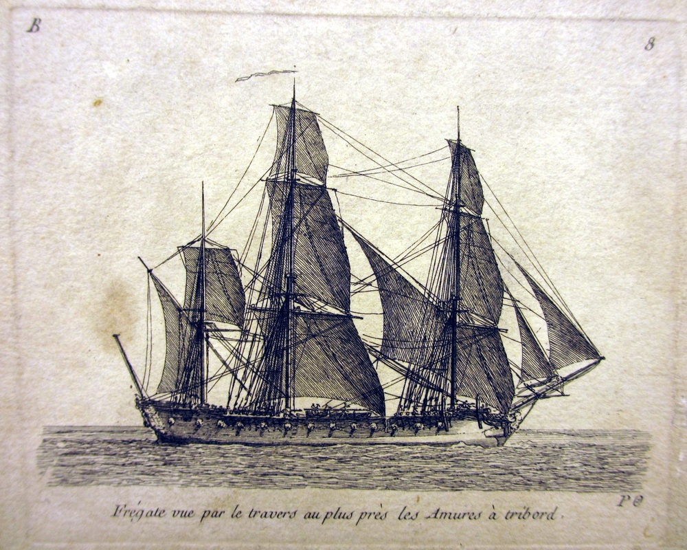 'Frégate vue par le travers au plus près les Amures à tribord', kopergravure door P. Ozanne, circa 1825-1875