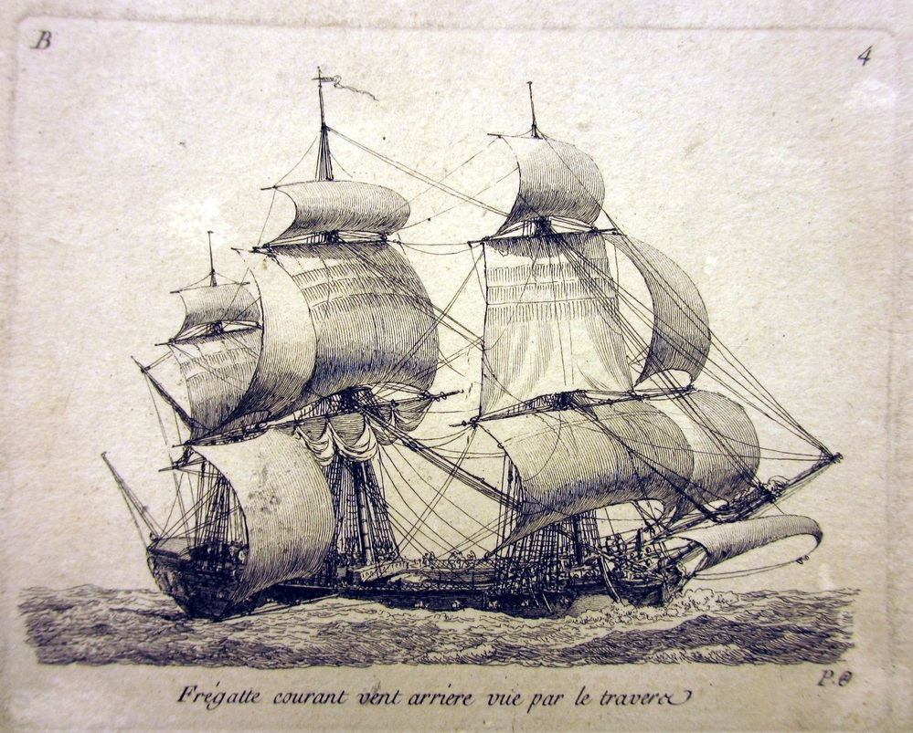 'Frégate courant vent arrière vue par le travers', kopergravure door P. Ozanne, circa 1825-1875