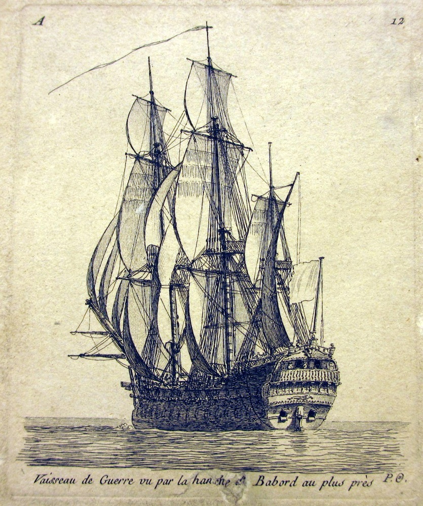 'Vaisseau de Guerre vu par la hanche et Babord au plus près', kopergravure door P. Ozanne, circa 1825-1875