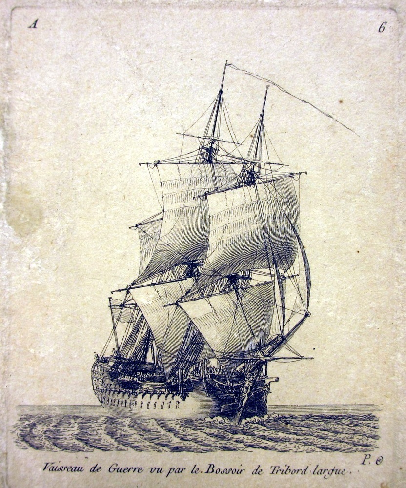 'Vaisseau de Guerre vu par le Bossoir de Tribord largue', kopergravure door P. Ozanne, circa 1825-1875