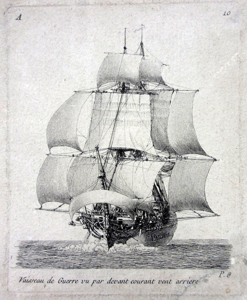'Vaisseau de Guerre vu par devant courant vent arrière', kopergravure door P. Ozanne, circa 1825-1875