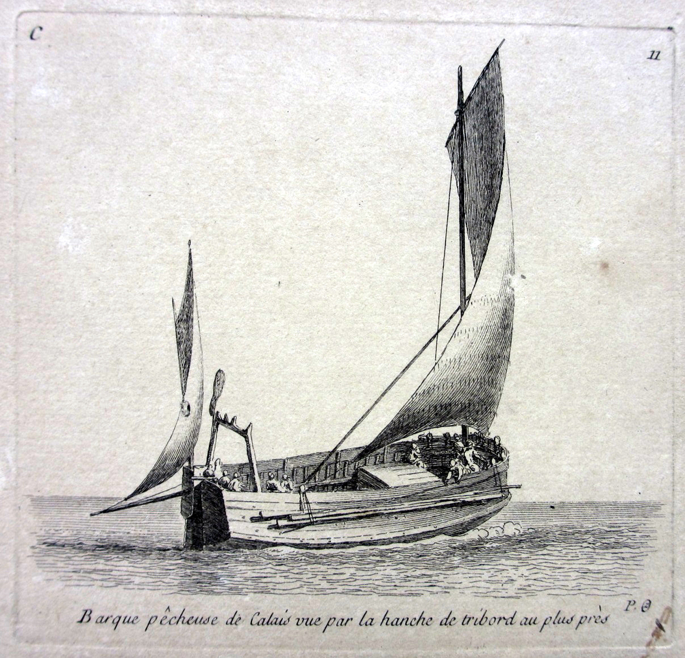 'Barque pêcheuse de Calais vue par la Hanche de tribord au plus près', kopergravure door P. Ozanne, circa 1825-1875