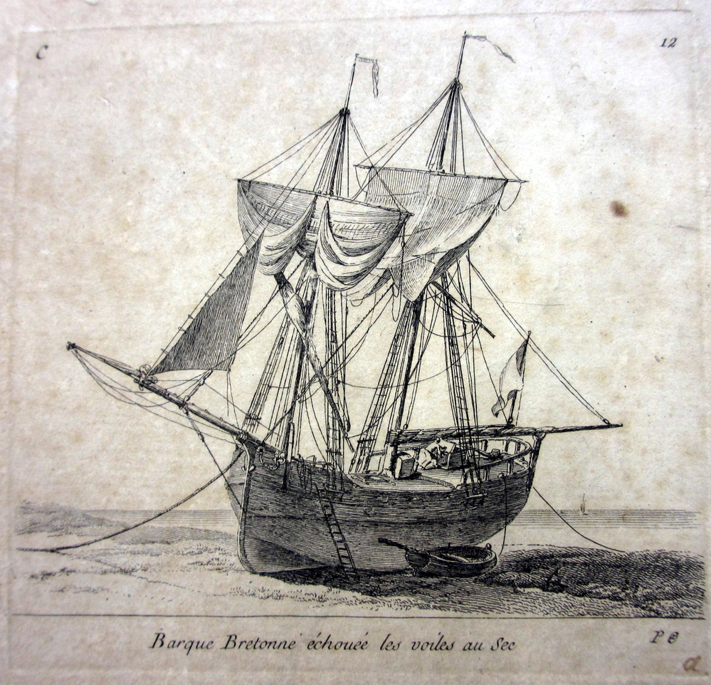 'Barque Bretonne échoué les voiles au sec', kopergravure door P. Ozanne, circa 1825-1875