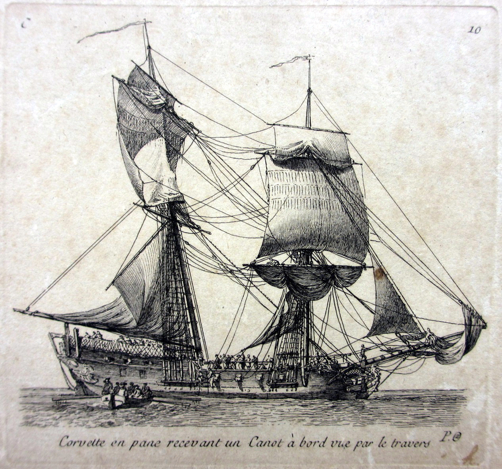 'Corvette en pane recevant un Canot à bord vue le travers', kopergravure door P. Ozanne, circa 1825-1875