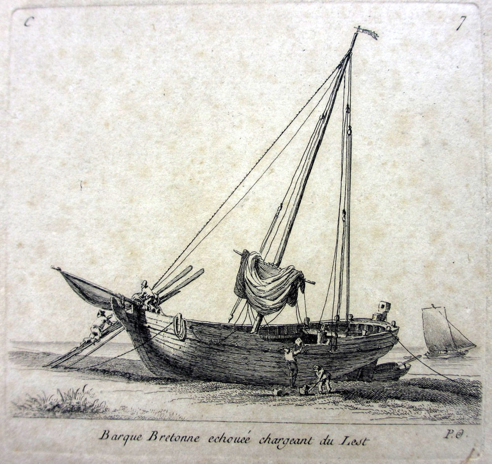 'Barque échoué chargeant du Lest', kopergravure door P. Ozanne, circa 1825-1875