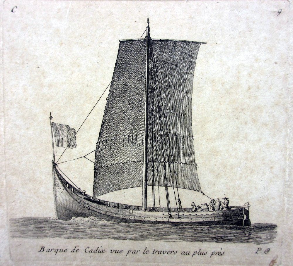 'Barque de Cadix vue par le travers au plus près', kopergravure door P. Ozanne, circa 1825-1875
