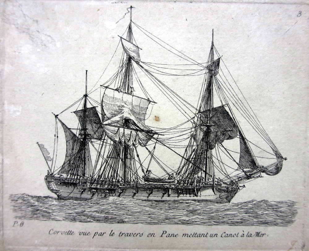 'Corvette vue par le travers en Pane mettant un Canot à la Mer', kopergravure door P. Ozanne, circa 1825-1875