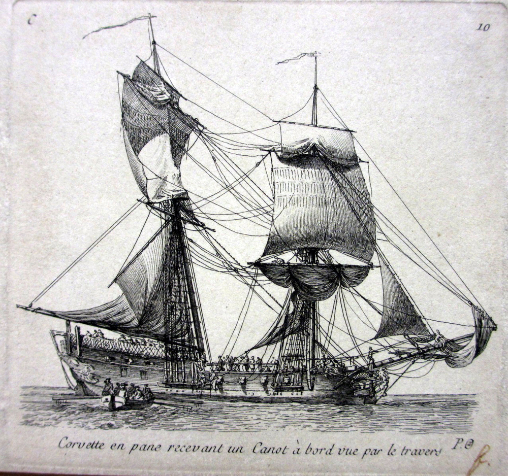 'Corvette en pane recevant un Canot a bord vue par le travers', kopergravure door P. Ozanne, circa 1825-1875