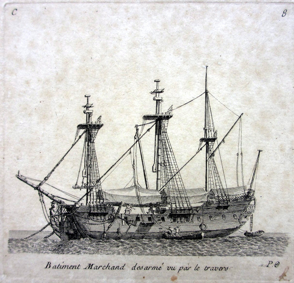 'Batiment Marchand des armé vu par le travers', kopergravure door P. Ozanne, circa 1825-1875
