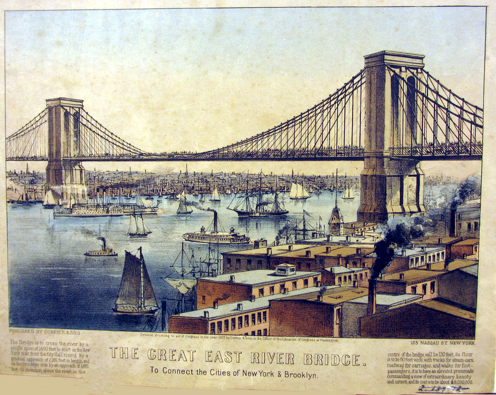 De Brooklyn Bridge. litho door Currier and Ives