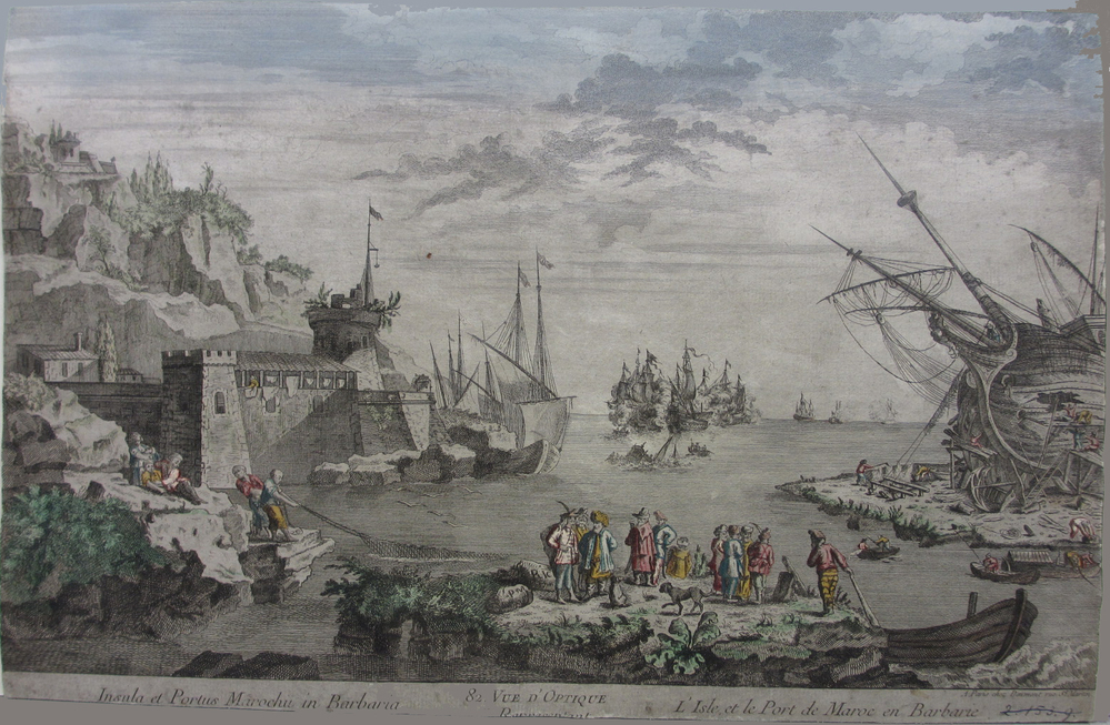 "Insula et Portus Marochu in Berbaria 82 Vue d'Optique. Representant l'Isle, et le Port de Maroc en Barbarie", optica plaat, `18e eeuw