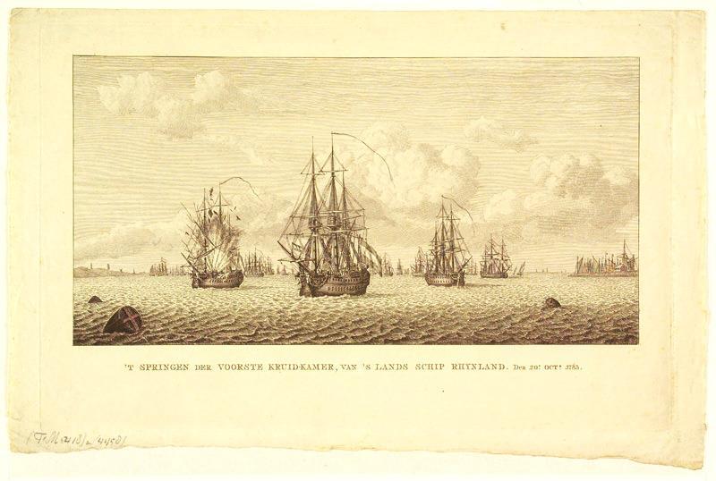 ''t Springen der voorste kruidkamer, van 's lands schip Rhynland', litho, Carel Frederik Bendorp,circa 1825-1875