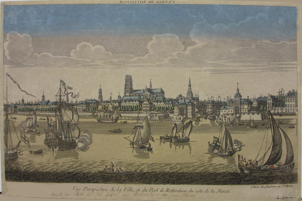 'Vüe Perspective de la Ville, et du Port de Rotterdam, du cote de la Meuze', gekleurde optica plaat, circa 1700-1800