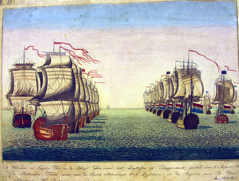 De Nederlandse en Engelse vloot bij de slag op de Doggersbank, opticaprent door A. Rooland en G. M. Probst