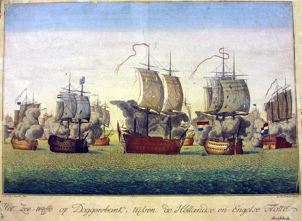 Het  Zeetreffe op de Doggersbank, tussen de Hollandse en Engelse Flotte, ingekleurde lithografie door A. Rooland en G.M. Probst