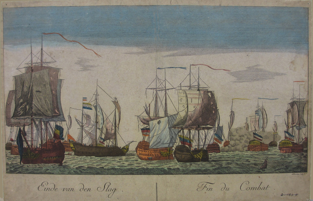 Slag op de Doggersbank, "Einde van den Slag", opticaprent, circa 1700-1800