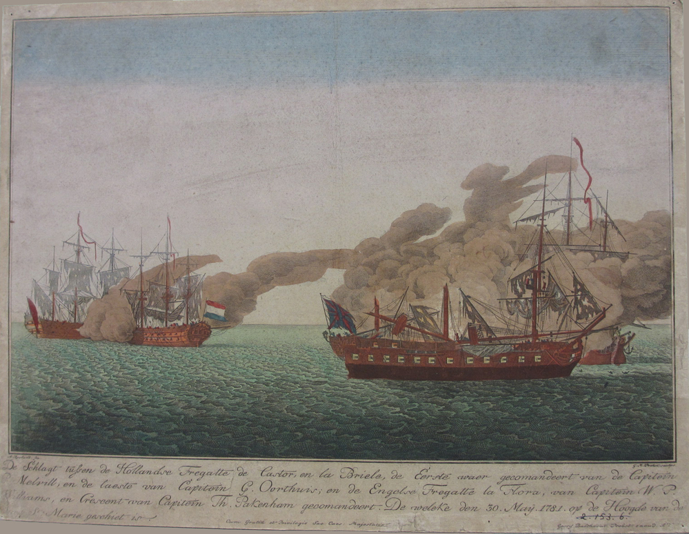 'De Schlagt tussen de Hollandse fregatte de Castor en la Briele, de eerste waer gecomandeert van Capitein P. Melvill, en de laetste van Capitein G. Oorthuis, en de Engelse Fregatte La Flora, van Capitein W. P. Williams en Crescent van Capitein Th. Pakenham gecomandeert. De welcke den 30. Maij 1781 op de Hoogde van de Caap St. Marie geschiet is. ',opticaprent door G.M. Probst sculps. en Georg Balthasar Probst excud. A.V. naar een tekening van A. Rooland fec.