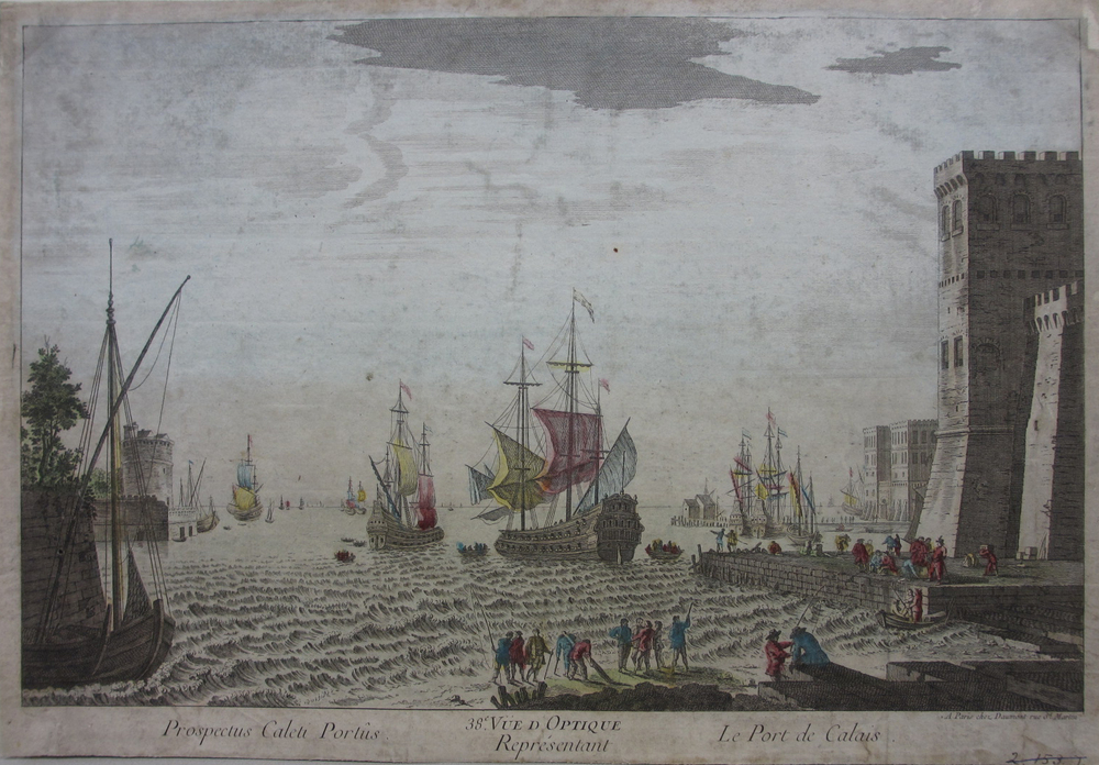 'Prospectus Caleti Portus  38e Vue d'Optique  Representant le Port de Calais', opticaplaat door Daumont