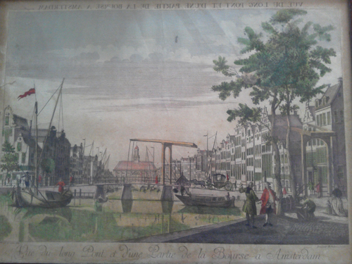 "Vue du long Pont et d 'une Partie de la Bourse a Amsterdam", met de hand ingekleurde gravure, door Fréderic B. Leizelt, 18e eeuw
