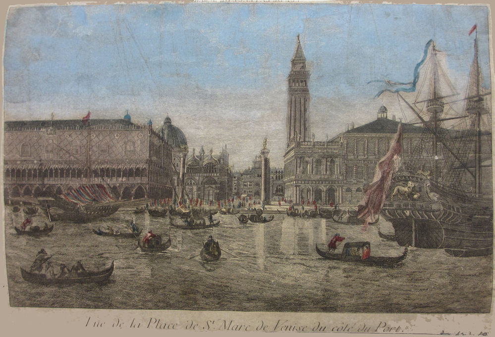 Vue de la Place de St. Marc de Venise du coté du port, ingekleurde gravure , 18e eeuw.
