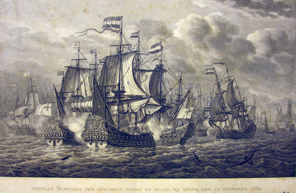De zeeslag tussen den Admiraal Tromp en Blake bij Dover, gravure door K. Dz. Vettewinkel
