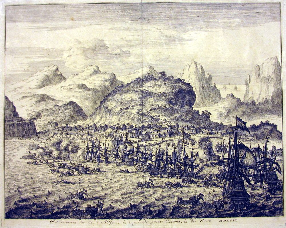 Het veroveren der stadt Allegone in 't eylandt Groot Canaria, in den Jaere MDXCIX, ets, 17e eeuw