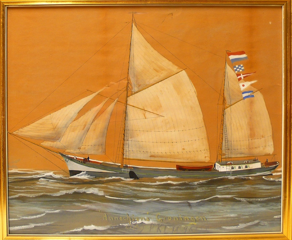 De tweemast zeilende kustvaarder 'Annechiena' van kapitein J.P. Klugkist,, anonieme gouache