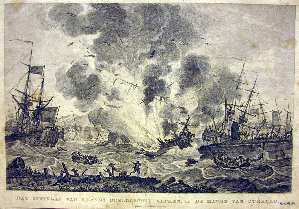 Het springen van 's Lands oorlogsschip Alphen, in de haven van Curacao, reproductie