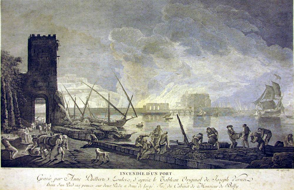 'Incendie d'un port', gravure door A.P. Coulet, circa 1750-1800