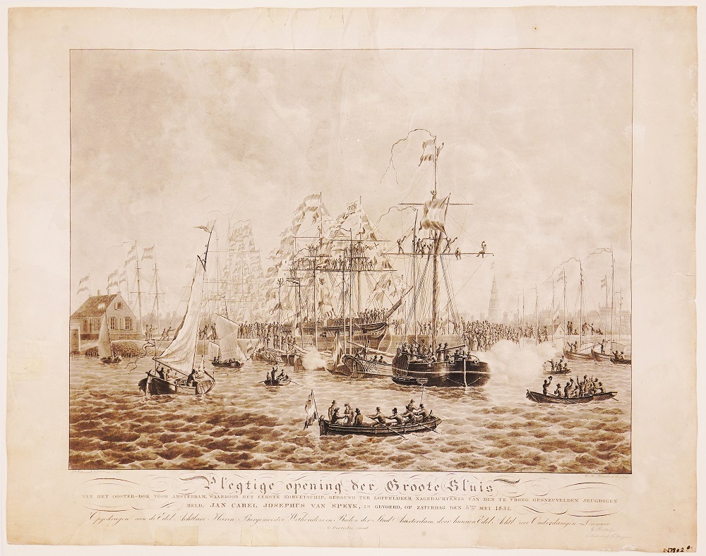 'Plegtige opening der Groote Sluis', van het oosterdok voor Amsterdam, gravure door J.F. Brugman, 1840