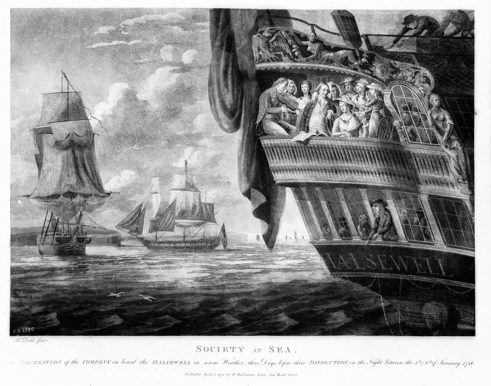 Aquatint van passagiers aan boord van het schip "Halsewell", waarvan alleen de achtersteven afgebeeld is. Rechtsboven, op het campagnedek, trekken twee mannen aan stagen. Daaronder verschillende dekbeelden en andere decoraties, o.a. een vogel, liggend vrouwfiguur, zon, en een staande vrouw. Daaronder, op het achterdek, een gezelschap van twee mannen en zeven vrouwen. De man uiterst links zit op de railing en speelt viool. De andere man houdt bladmuziek vast en leunt daarbij op de stoel van een vrouw die op een snaarinstrument zit te spelen. Rechts van het gezelschap, door het raam zichtbaar, nog twee andere personen. Hieronder, boven de naam van het schip, op het bovendek, staat een man door een open raam te vissen. Achter de ramen zijn nog minimaal vier andere mannen te onderscheiden. Links van de Halsewell staan nog twee grote schepen afgebeeld en aan de horizon valt nog een aantal scheeptsilhouetten te onderscheiden. Ook scheren twee witte vogels over het water.
 	 
Tekst onderin afbeelding: "RD 1786".
Signatuur linksonder afbeelding: "R. Dodd fecit". 

Onderschrift in 2 regels: "Society at Sea, / the Recreation of the Company on board the Halsewell in serene Weather, three Days before their Disolution, on the night between the 5th and 6th of january 1786."

Daaronder: "Published April 3" 1786 by W. Dickinson No. 158., New Bond Street".