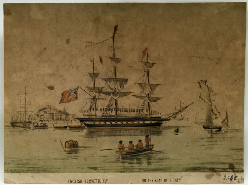 'English corvette fly on the road of Sidney', steendruk