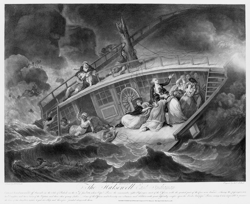 'The Halsewell East Indiaman. Outward bound, was wrecked off Seacombe in the isle of Purbeck on the 6th of January 1786', litho door Robert Smirke, 1786