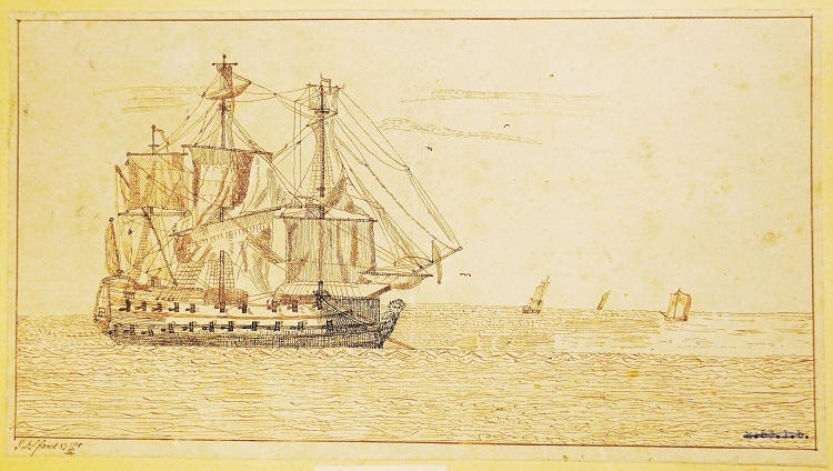 prent van een oorlogsschip voor anker