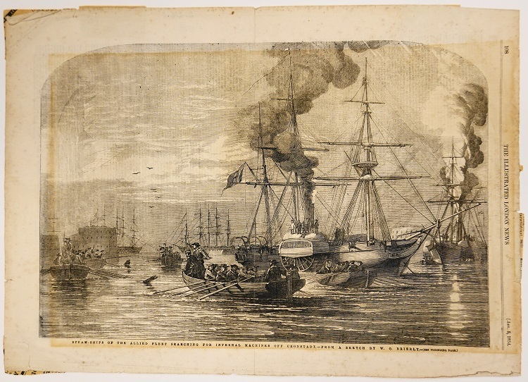'Steam-ships of the allied fleet searching for infernal machines off Cronstadt', litho door O.W. Brierly, 1854