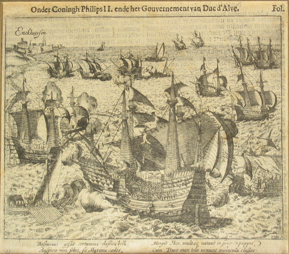Treffen van de Spaanse en Staatse vloot op de Zuiderzee in 1573, ets, circa 1573-1600