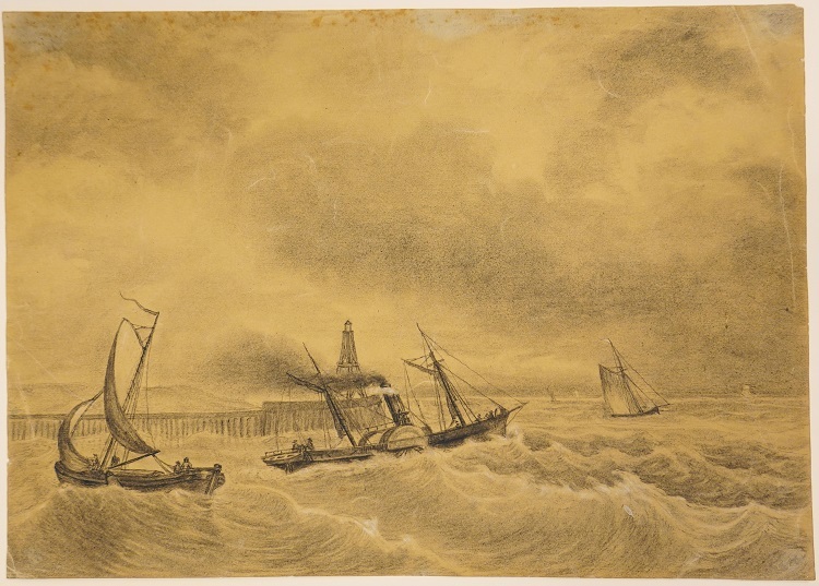 Havengezicht met uitvarende raderboot, invarende tjalk, op pier een baken, tekening