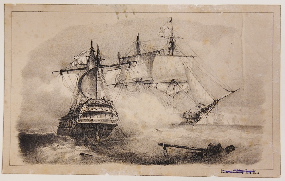 Twee schepen die elkaar beschieten, litho